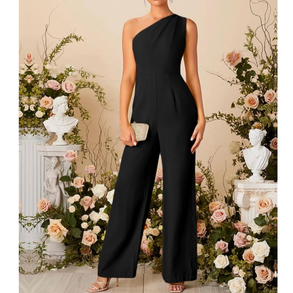 One Shoulder Black Elegant Jumpsuit High Waisted Long Culottes Pants